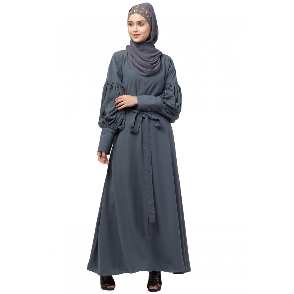 Nazneen long cuff full balloon sleeve with belt A line Abaya