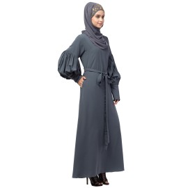 Nazneen long cuff full balloon sleeve with belt A line Abaya