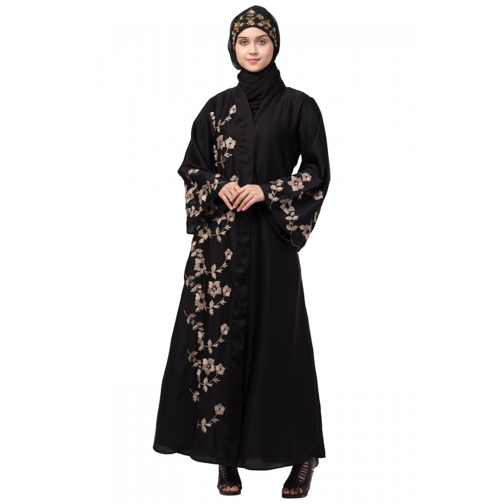 Nazneen right side and both sleeve Resham Embroidery Front open Abaya