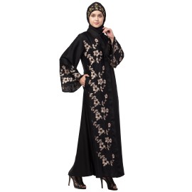 Nazneen right side and both sleeve Resham Embroidery Front open Abaya