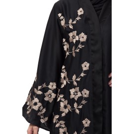 Nazneen right side and both sleeve Resham Embroidery Front open Abaya