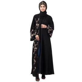 Nazneen right side and both sleeve Resham Embroidery Front open Abaya