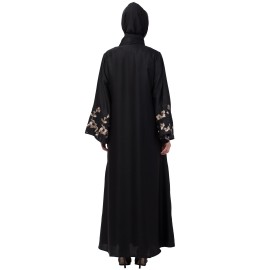 Nazneen right side and both sleeve Resham Embroidery Front open Abaya