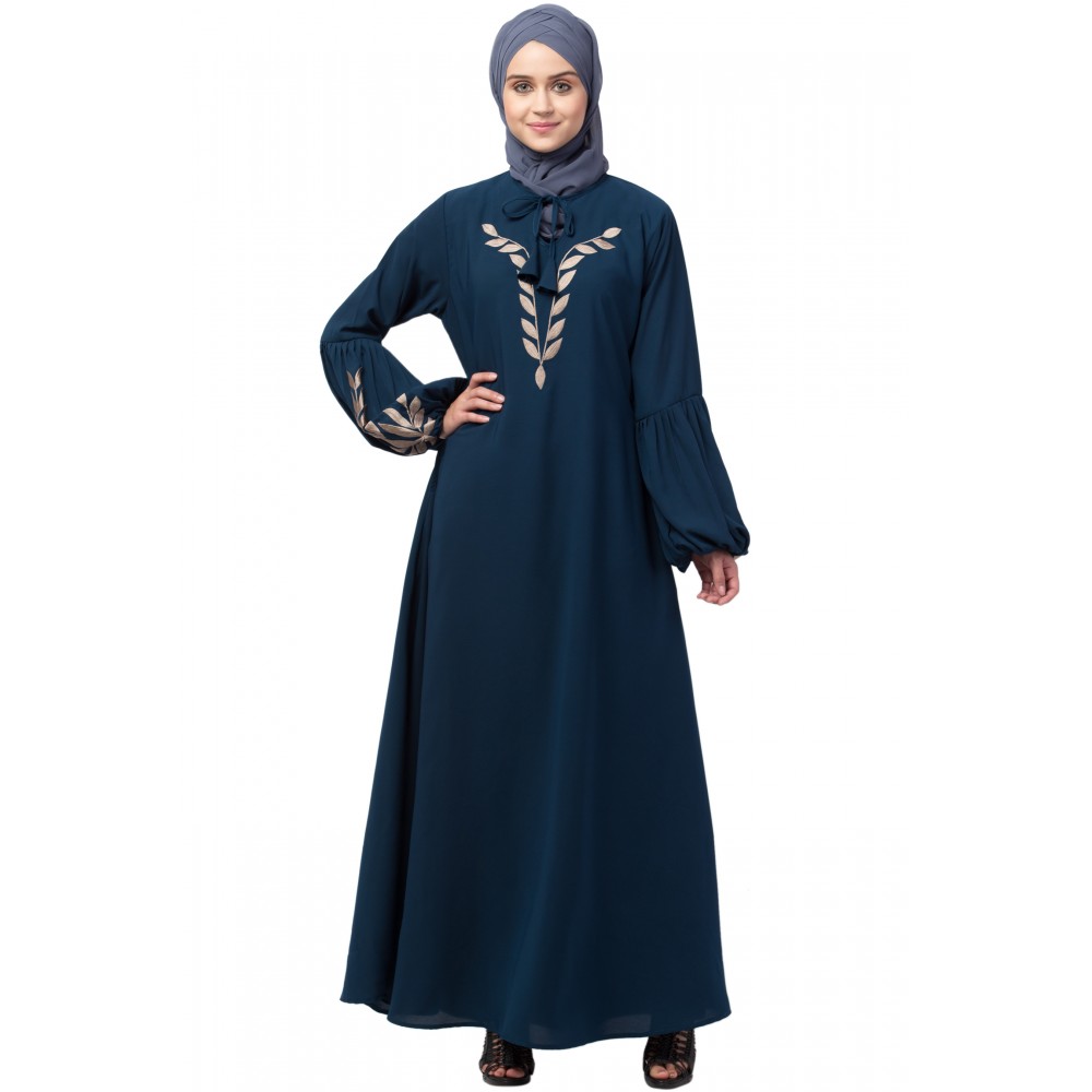 Nazneen Front and Sleeve Resham Embroidery Balloon Sleeve Abaya