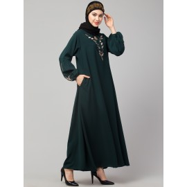 Nazneen Front and Sleeve Resham Embroidery Balloon Sleeve Abaya