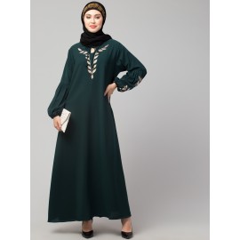 Nazneen Front and Sleeve Resham Embroidery Balloon Sleeve Abaya